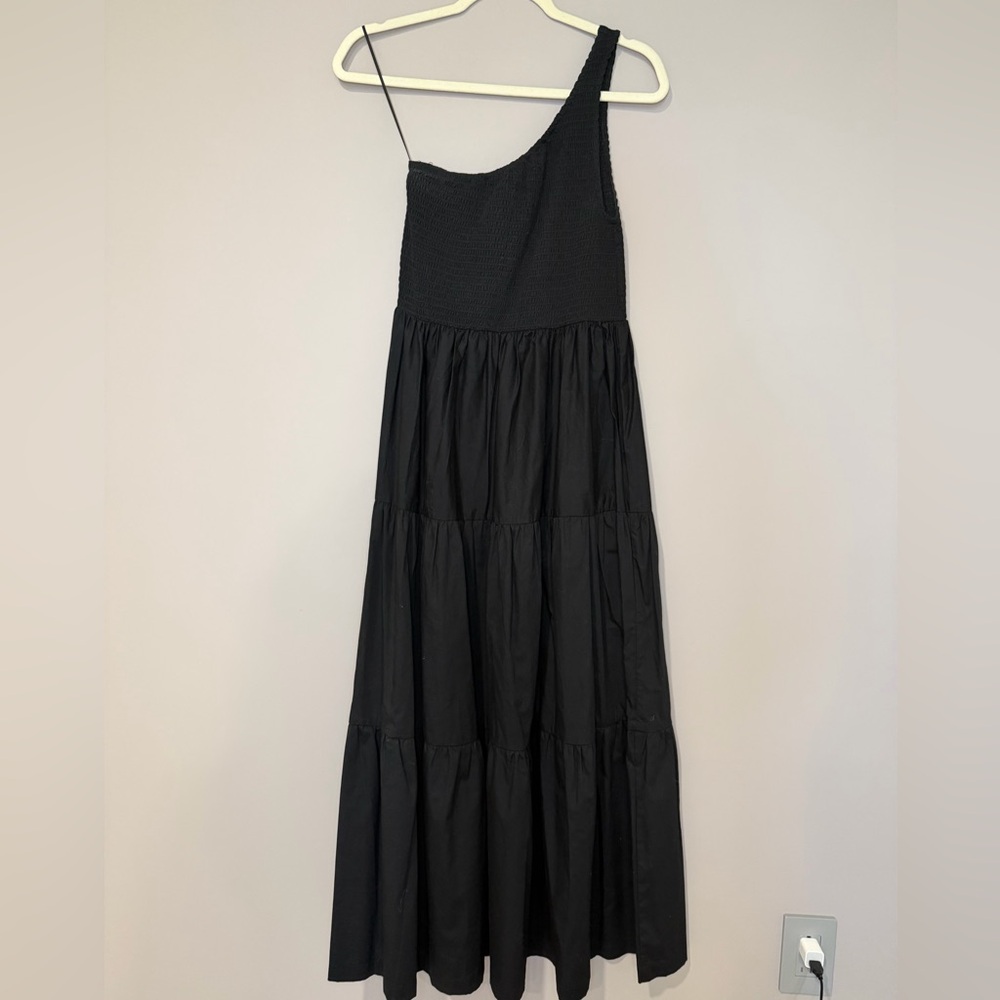 Black One-Shoulder Smocked Cotton Maxi Dress